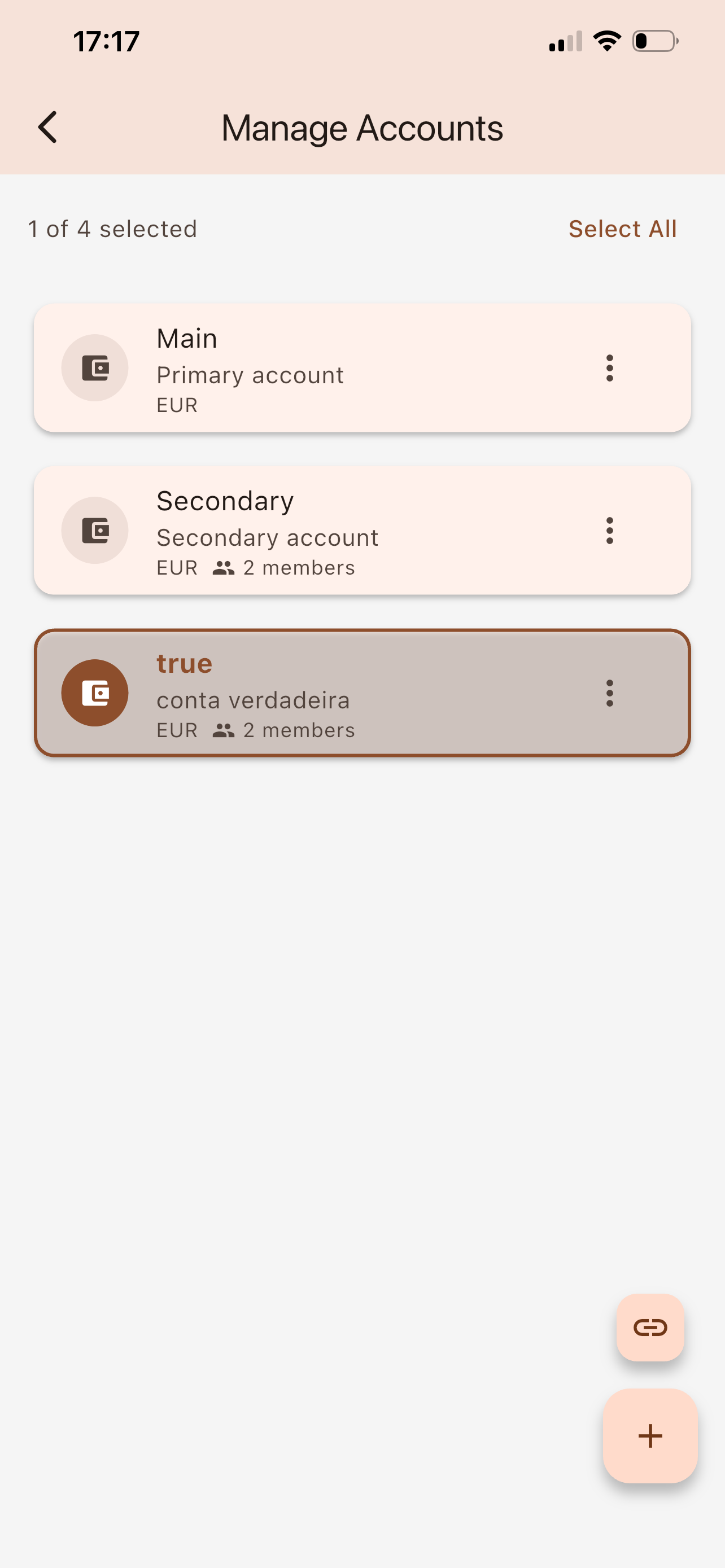 Multiple accounts screen